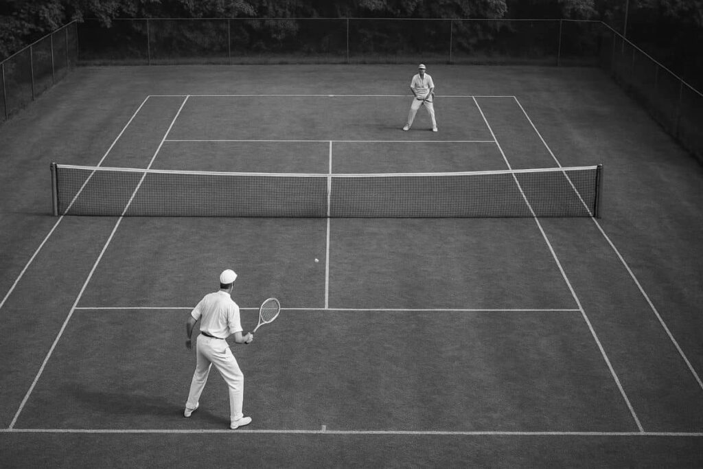 An old tennis match in black and white.