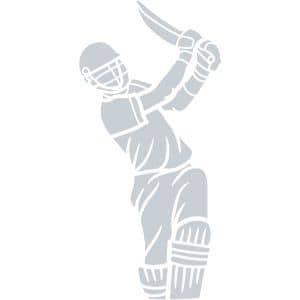 Silhouette of a cricket player wearing a helmet, pads, and gloves, swinging a bat overhead in a powerful batting action.