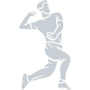 Silhouette of a cricket fast bowler in mid-delivery, with one arm raised overhead and the other bent near the chest, legs bent to convey momentum.