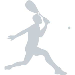 Silhouette of a male squash player in a dynamic forehand swing position, extending one arm towards a squash ball.