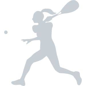 Silhouette of a female squash player in mid-swing, racket raised behind her head and arm extended towards a squash ball.