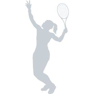 Silhouette of a female tennis player in a serving pose, holding a racket overhead with one arm extended upward.