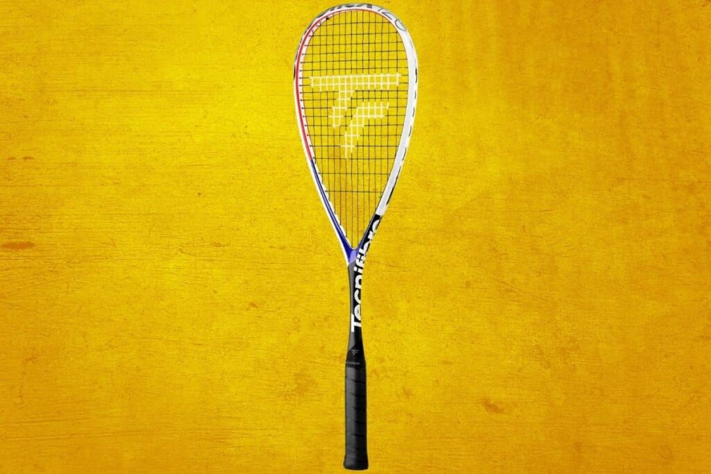 Tecnifibre 12car125as squash racket carboflex 125 airshaft is displayed against a vibrant yellow background.