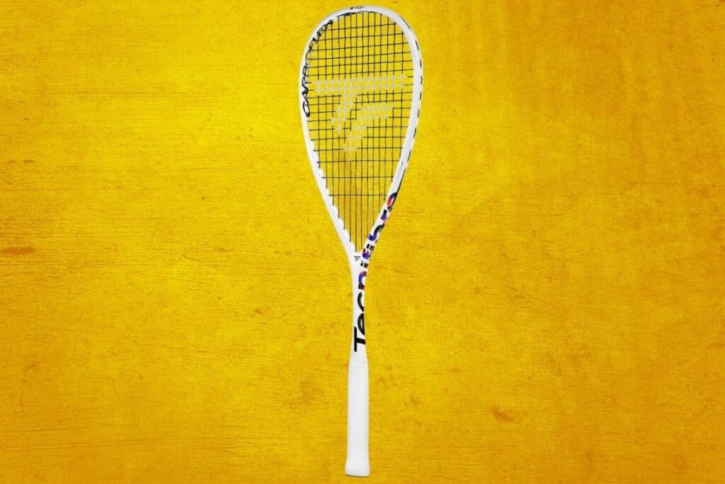 Tecnifibre carboflex X-Top V2 120 graphite is displayed against a vibrant yellow background.
