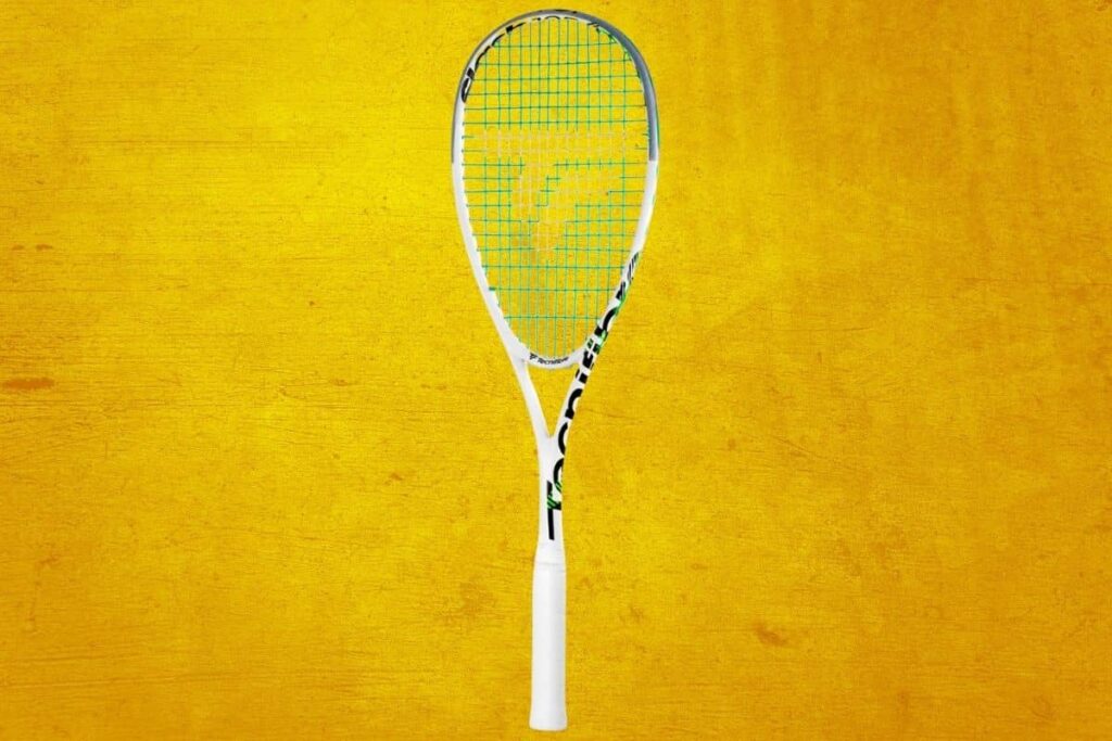 Tecnifibre slash 125 is displayed against a vibrant yellow background.