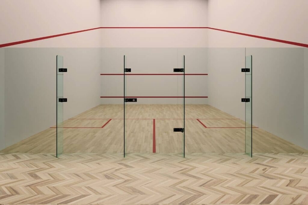 Backside view of a squash court.